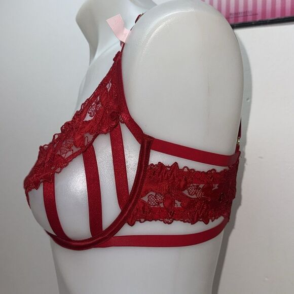 🔥Victoria's Secret Deep Red Floral Lace Bra Set Sz 34D // Large New - Picture 7 of 9